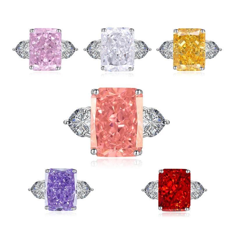Multicolor Ice Flower Cut CZ Adjustable Ring, 10*14mm 5A Main Cubic Zirconia, Two Heart Side CZ, Dainty Luxe