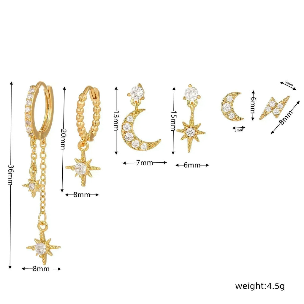 6 Pieces Crystal Cascade Drops Earring Set, 18k Gold Hoop with Drops, S925 Needle, Stacked Lobe Designs with Dazzling Zirconia