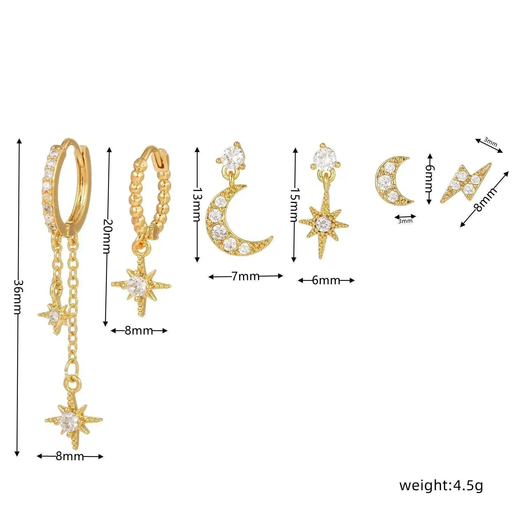 6 Pieces Crystal Cascade Drops Earring Set, 18k Gold Hoop with Drops, S925 Needle, Stacked Lobe Designs with Dazzling Zirconia