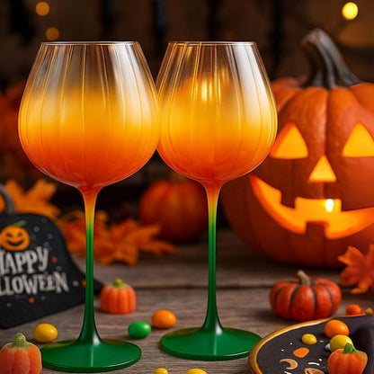 Khen Pumpkin Wine Glasses Fall Inspired Lightweight Borosilicate Decorative Drinkware Stemware - Set of 2 Orange & Green