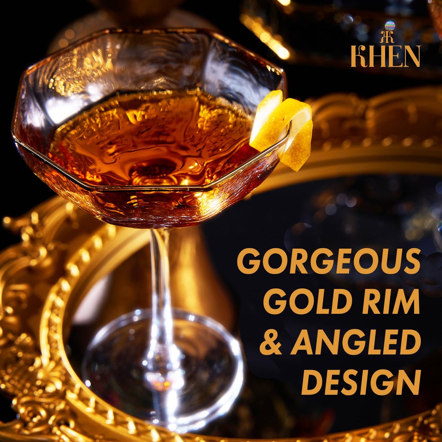 Khen Champagne Coupe Glasses Set of 4 Vintage Octagonal Gold Rim Elegant Art Glass Cocktail Goblets - 6oz Clear Gold Rim