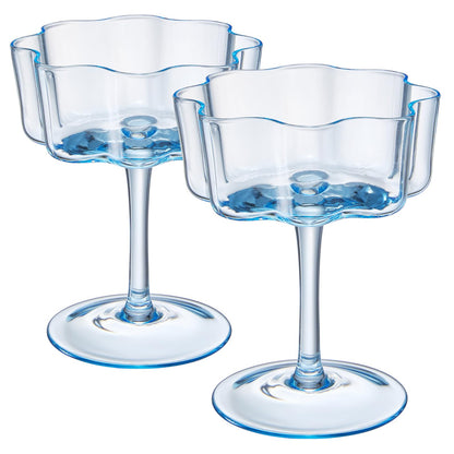 Flower Wave Coupe Cocktail Colored Glasses | Set of 2 | Cobalt Blue