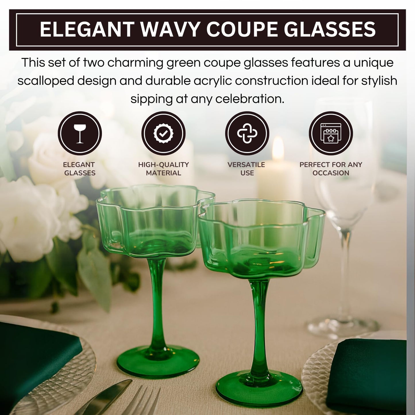 Flower Wave Coupe Cocktail Colored Glasses | Set of 2 | Jade