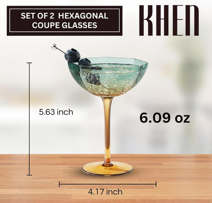 Khen Hexagonal Coupe Glasses Elegant Break Resistant Modern Barware Acrylic Drinkware Set - Set of 2 Teal + Brown