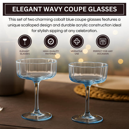 Flower Wave Coupe Cocktail Colored Glasses | Set of 2 | Cobalt Blue