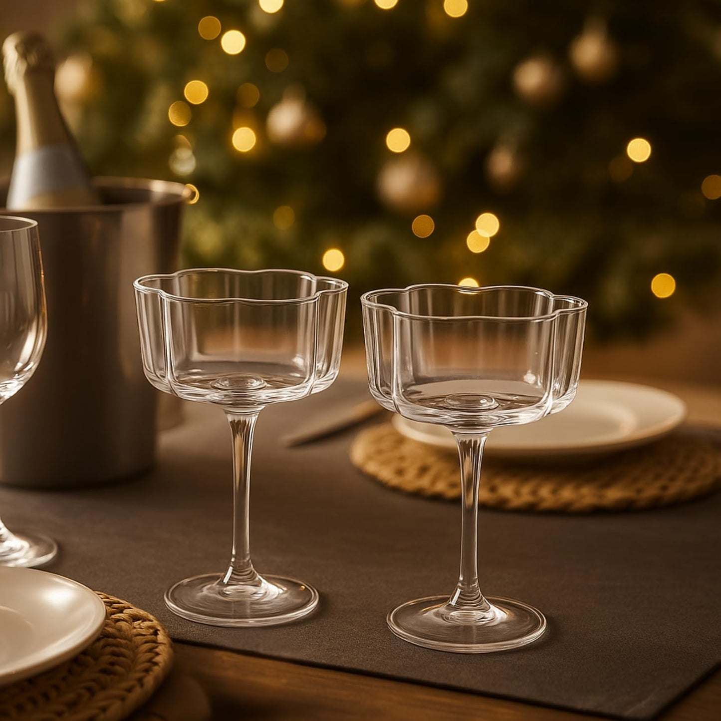 Flower Wave Coupe Cocktail Colored Glass | Set of 2 | Clear