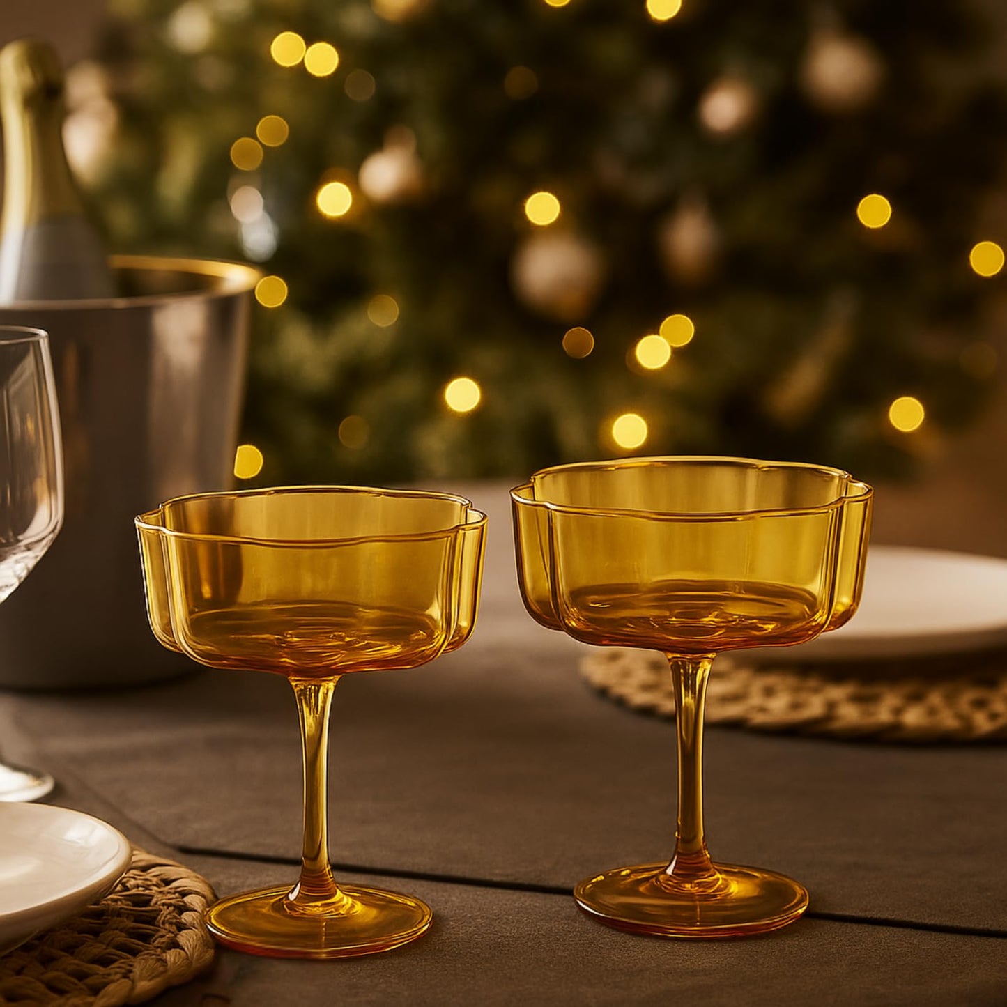 Flower Wave Coupe Cocktail Colored Glasses | Set of 2 | Amber