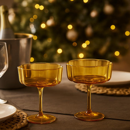 Flower Wave Coupe Cocktail Colored Glasses | Set of 2 | Amber