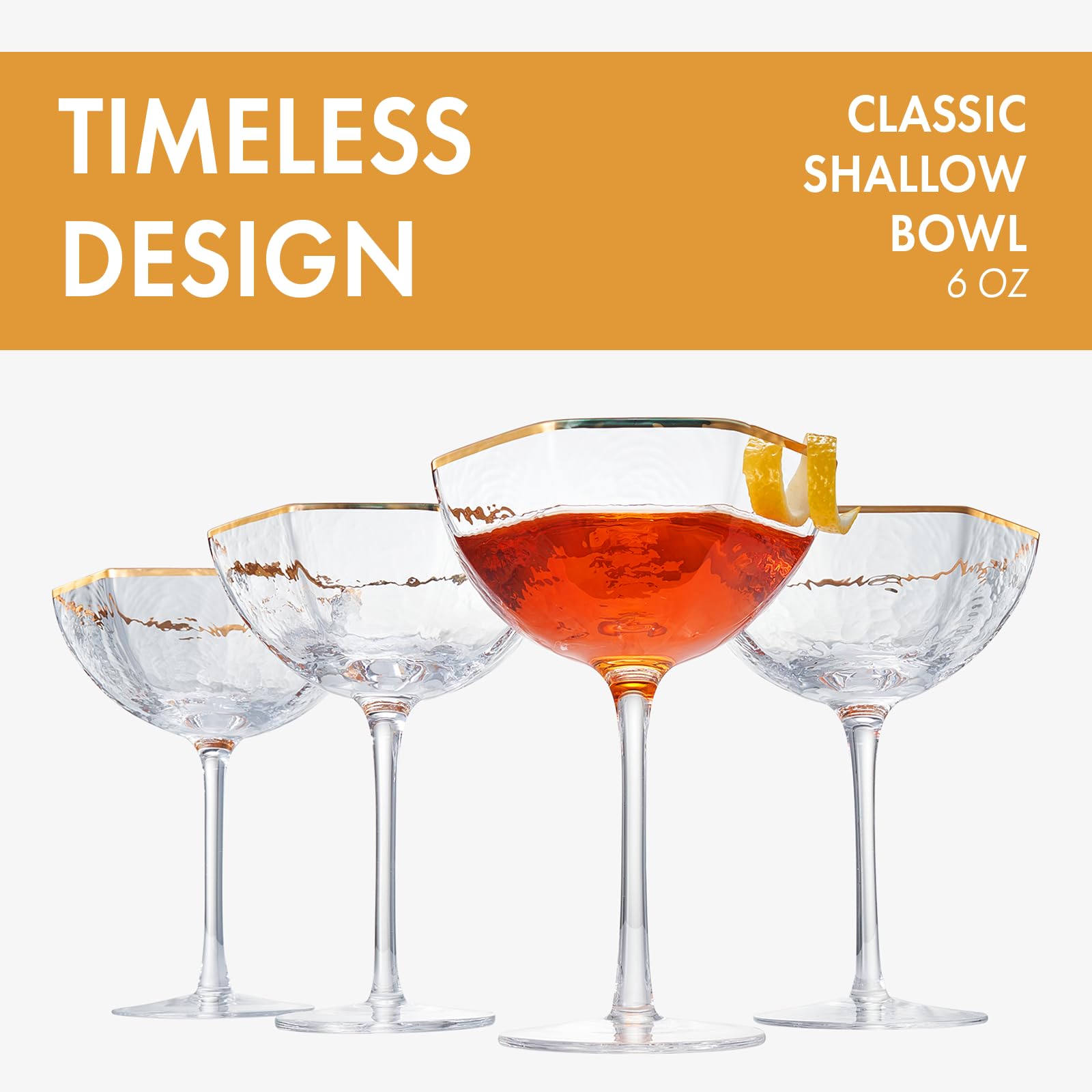 Khen Champagne Coupe Glasses Set of 4 Vintage Octagonal Gold Rim Elegant Art Glass Cocktail Goblets - 6oz Clear Gold Rim