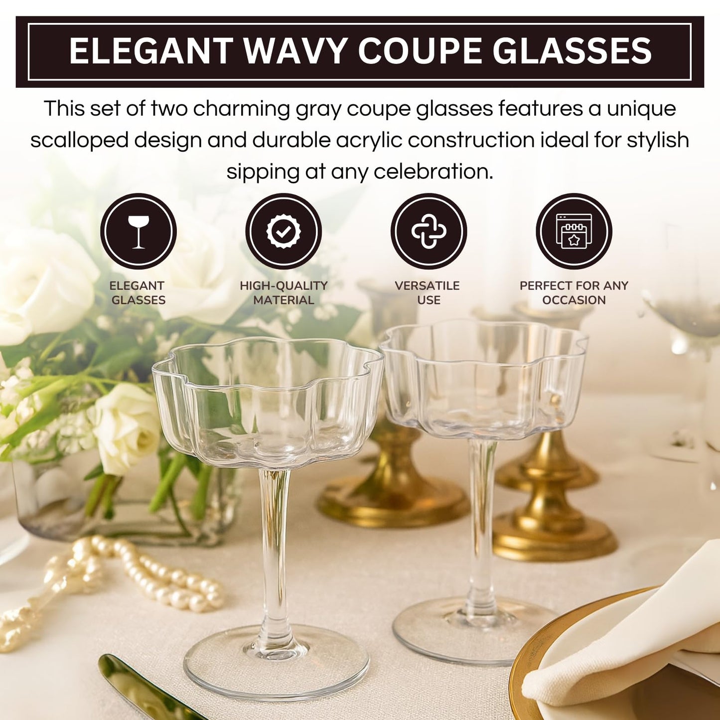Flower Wave Coupe Cocktail Colored Glasses | Set of 2 | Grey