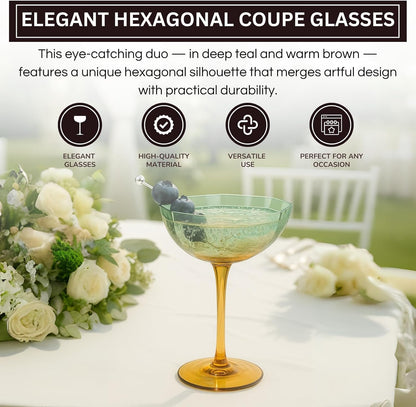 Khen Hexagonal Coupe Glasses Elegant Break Resistant Modern Barware Acrylic Drinkware Set - Set of 2 Teal + Brown