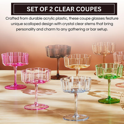 Flower Wave Coupe Cocktail Colored Glass | Set of 2 | Clear