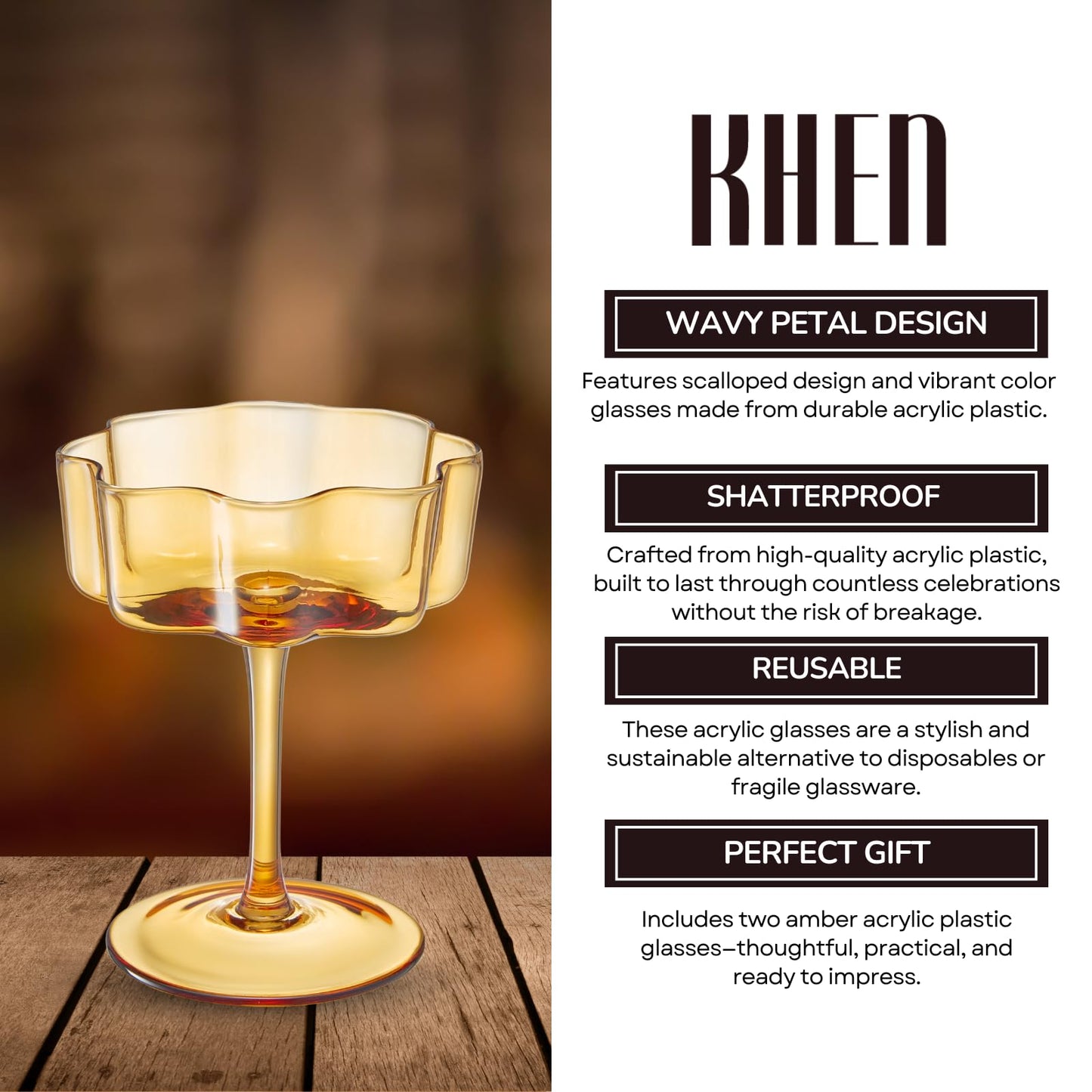 Flower Wave Coupe Cocktail Colored Glasses | Set of 2 | Amber