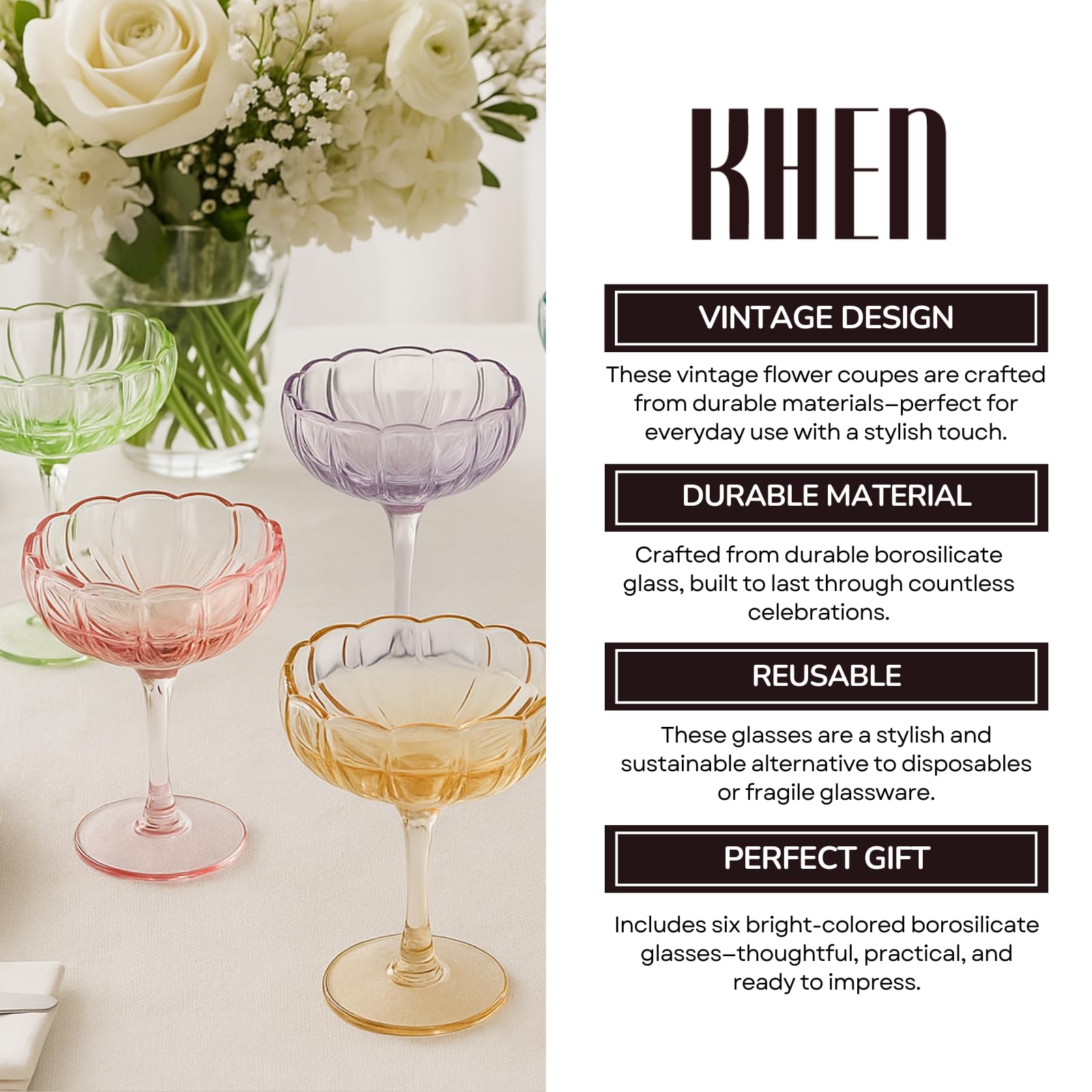 Flower Coupe Cocktail Glasses | Set of 4 | Bright Colors