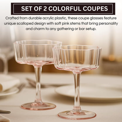 Flower Wave Coupe Cocktail Colored Glasses | Set of 4 | Blush Pink