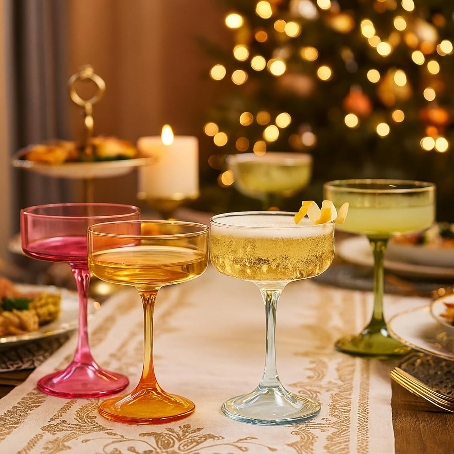 Khen Champagne Coupes Morgan Set Vibrant Stemware Drinkware for Parties - Set of 4 Multicolor