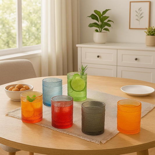 Khen Hobnail Acrylic Lowball Glasses – Retro-Inspired Set of 6 Colorful & Black Tumblers, 10 oz Unbreakable BPA-Free Drinkware – Vintage Textured Design, Stackable, Dishwasher Safe