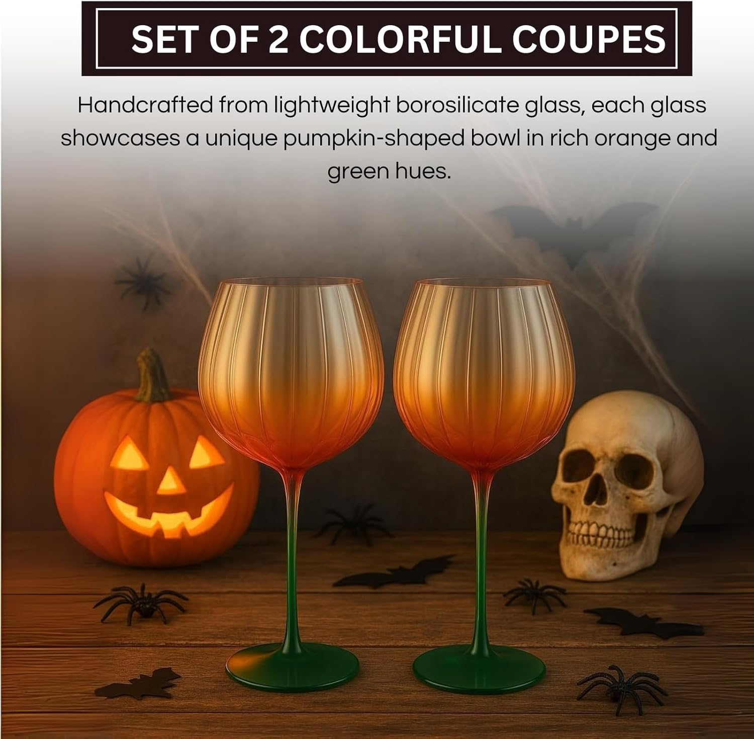 Khen Pumpkin Wine Glasses Fall Inspired Lightweight Borosilicate Decorative Drinkware Stemware - Set of 2 Orange & Green