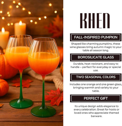 Khen Pumpkin Wine Glasses Fall Inspired Lightweight Borosilicate Decorative Drinkware Stemware - Set of 2 Orange & Green
