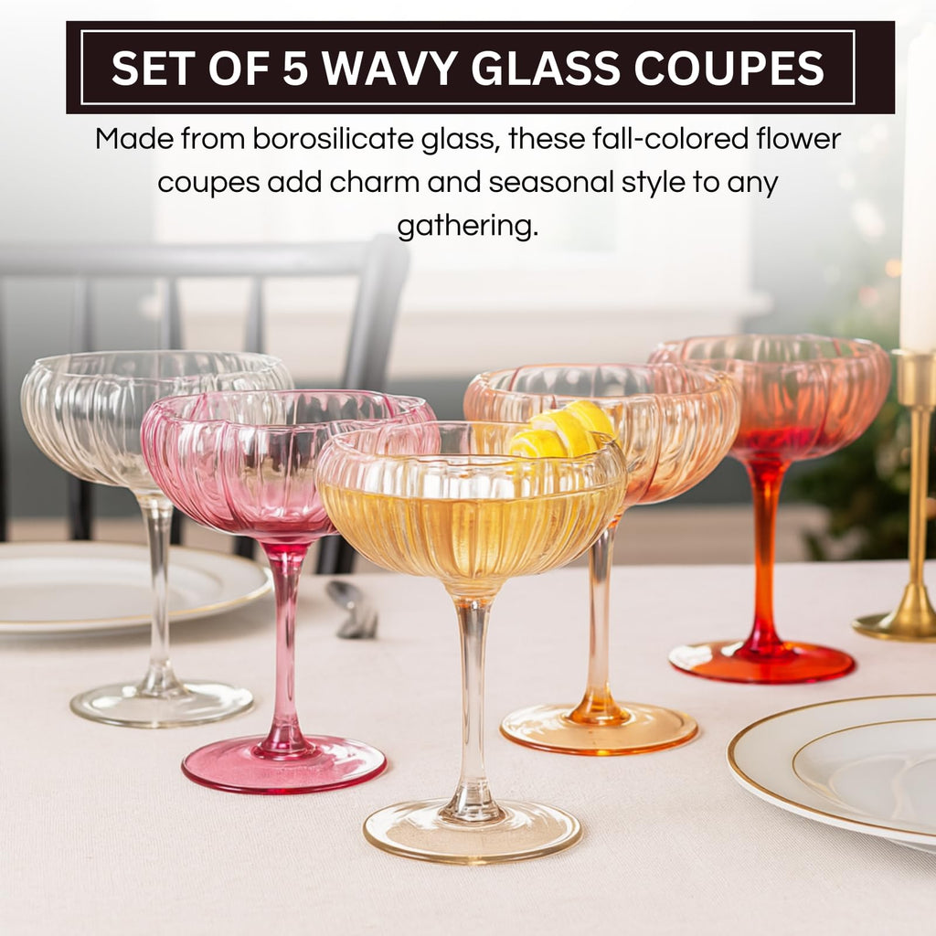Flower Coupe Cocktail Glasses, Set of 5 - Bright Colors