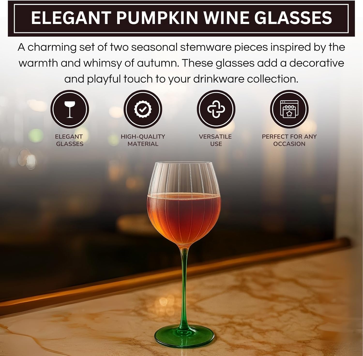 Khen Pumpkin Wine Glasses Fall Inspired Lightweight Borosilicate Decorative Drinkware Stemware - Set of 2 Orange & Green