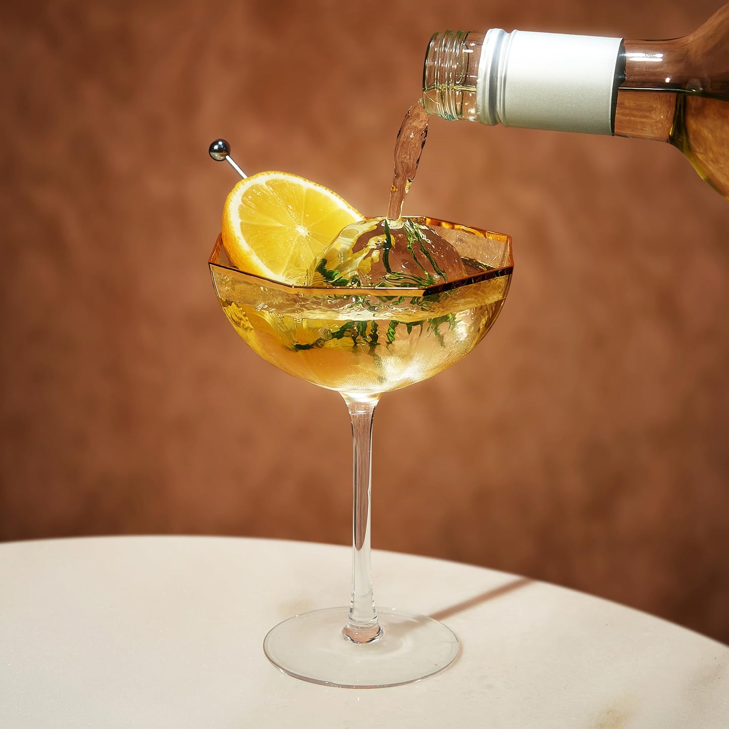 Khen Champagne Coupe Glasses Set of 4 Vintage Octagonal Gold Rim Elegant Art Glass Cocktail Goblets - 6oz Clear Gold Rim