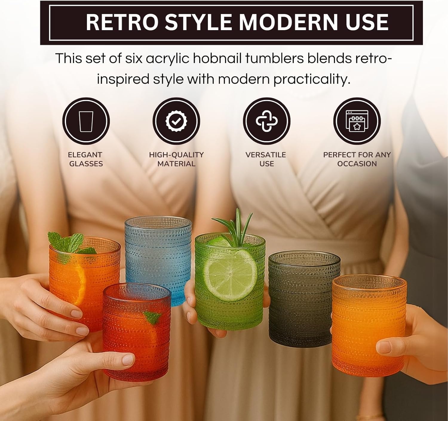 Khen Hobnail Acrylic Lowball Glasses – Retro-Inspired Set of 6 Colorful & Black Tumblers, 10 oz Unbreakable BPA-Free Drinkware – Vintage Textured Design, Stackable, Dishwasher Safe