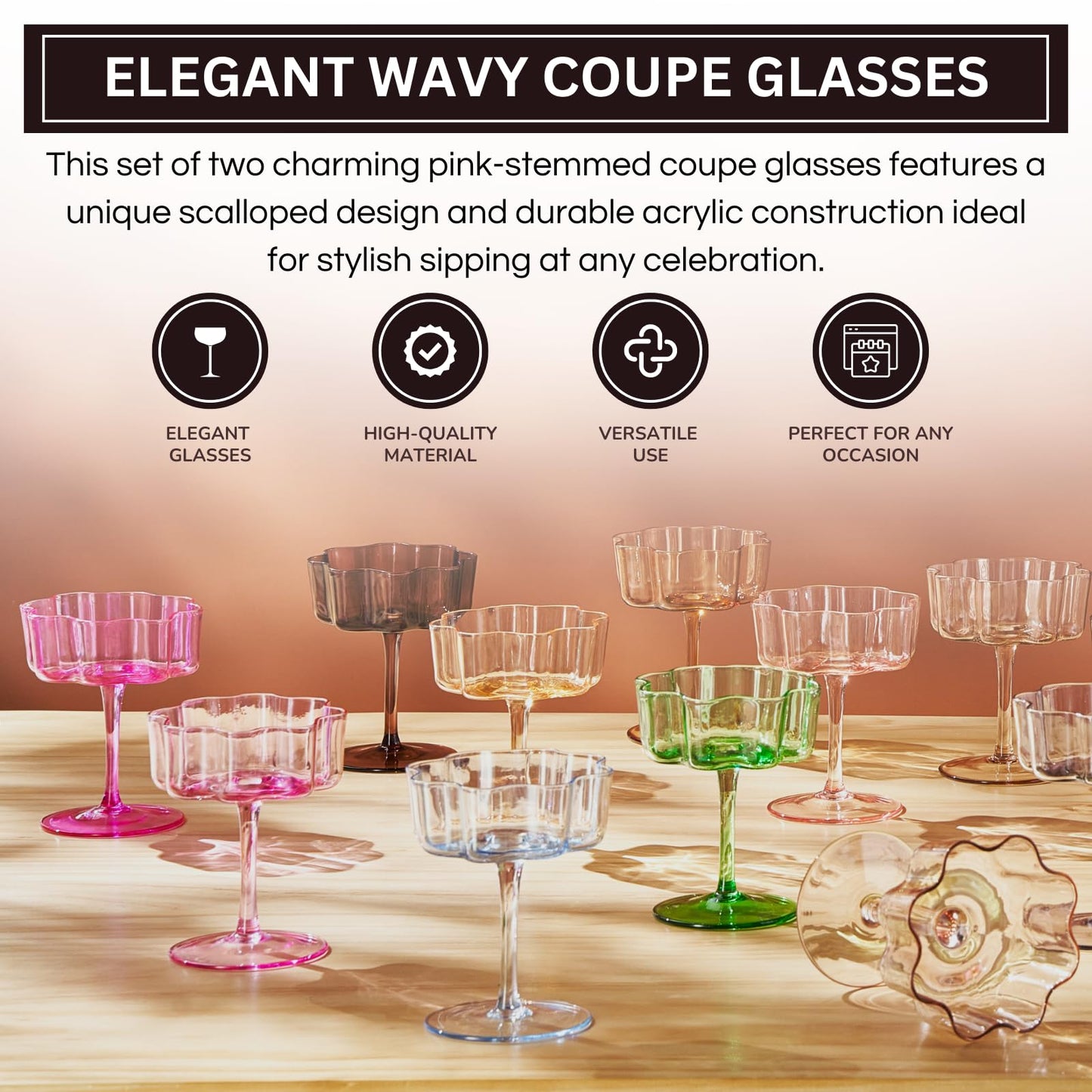 Flower Wave Coupe Cocktail Colored Glasses | Set of 4 | Blush Pink