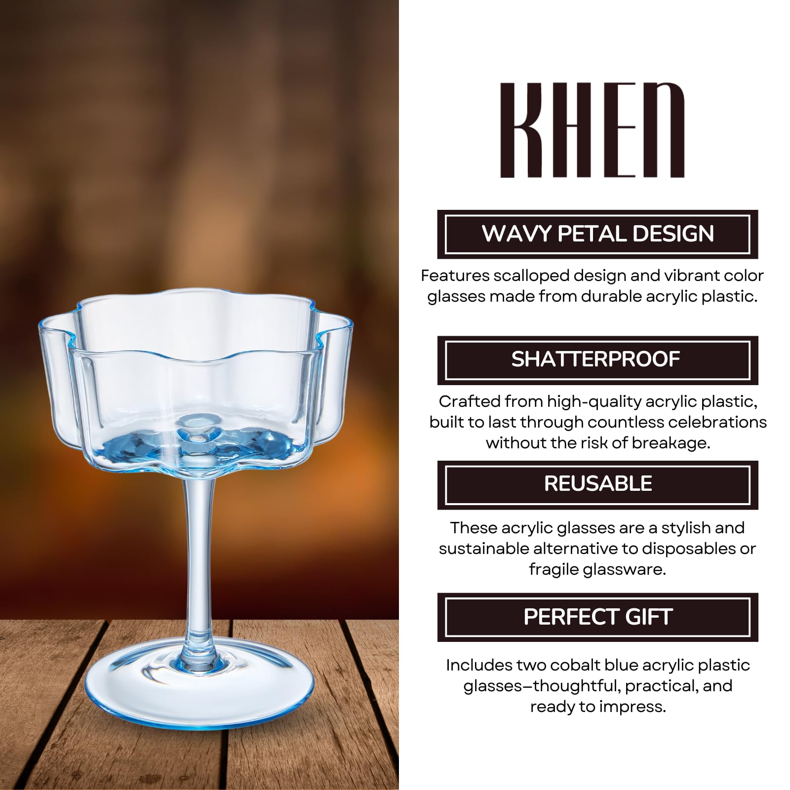 Flower Wave Coupe Cocktail Colored Glasses | Set of 2 | Cobalt Blue