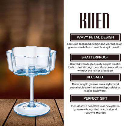 Flower Wave Coupe Cocktail Colored Glasses | Set of 2 | Cobalt Blue