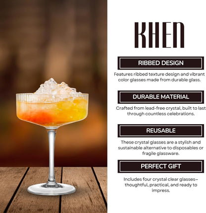 Ribbed Coupe Glasses Set Crystal Bar Drinkware Vintage Style Cocktail Martini Champagne Glassware – 10oz Clear