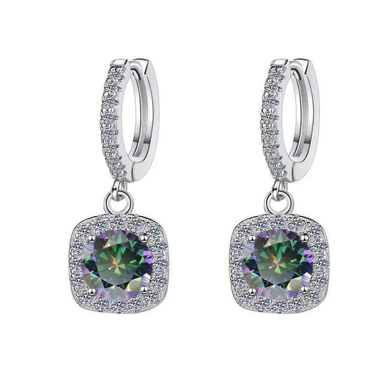 S925 Rainbow Green Moissanite Square Halo Earrings with Pavé-Set Halo & Hoop, 1ct D-Grade VVS1 Round Moissanite with GAR certification, Sterling Silver Earrings