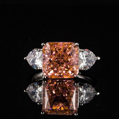 Multicolor Ice Flower Cut Square CZ Adjustable Ring, 10*10mm 8A Main Cubic Zirconia, Two Heart Side CZ, Dainty Luxe