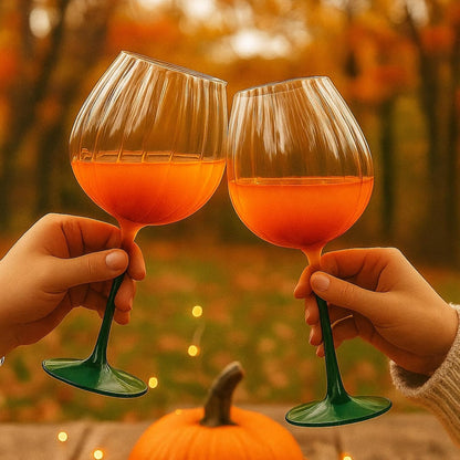 Khen Pumpkin Wine Glasses Fall Inspired Lightweight Borosilicate Decorative Drinkware Stemware - Set of 2 Orange & Green