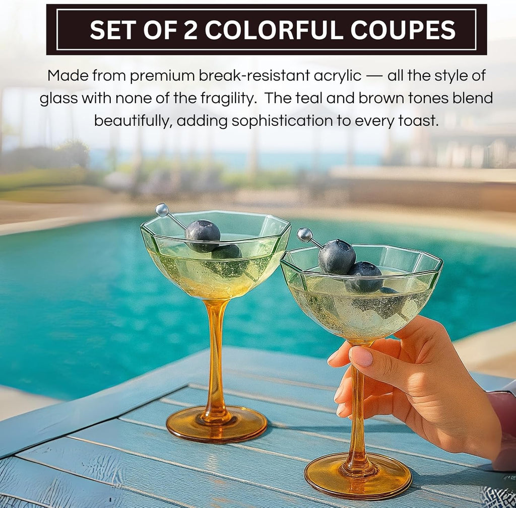 Khen Hexagonal Coupe Glasses Elegant Break Resistant Modern Barware Acrylic Drinkware Set - Set of 2 Teal + Brown