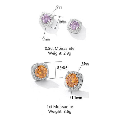 S925 Magnetic Multicolor Moissanite Square Halo Stud Earrings for Men Women,  0.5/1ct Round Cut, Inlaid Magnetic Earrings Non-Piercing Clip On Stud Earring