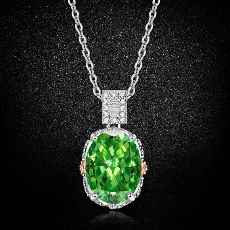 Multicolor Ice Flower Cut Oval CZ Pendant Necklace, Blue & Green 10*14mm 8A Cubic Zirconia, Two-Tone Pave CZ Halo with Pavé Top Frame, Adjustable Chain, Dainty Luxe