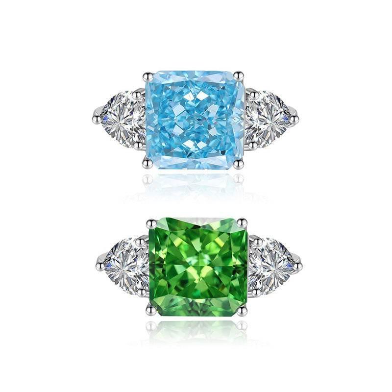 Multicolor Ice Flower Cut Square CZ Adjustable Ring, Blue & Green 10*10mm 8A Main Cubic Zirconia, Two Heart Side CZ, Dainty Luxe