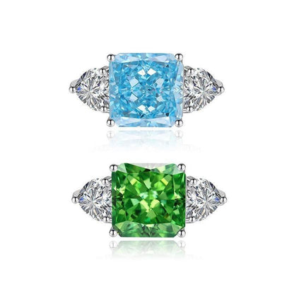 Multicolor Ice Flower Cut Square CZ Adjustable Ring, Blue & Green 10*10mm 8A Main Cubic Zirconia, Two Heart Side CZ, Dainty Luxe