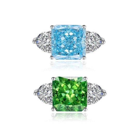 Multicolor Ice Flower Cut Square CZ Adjustable Ring, Blue & Green 10*10mm 8A Main Cubic Zirconia, Two Heart Side CZ, Dainty Luxe