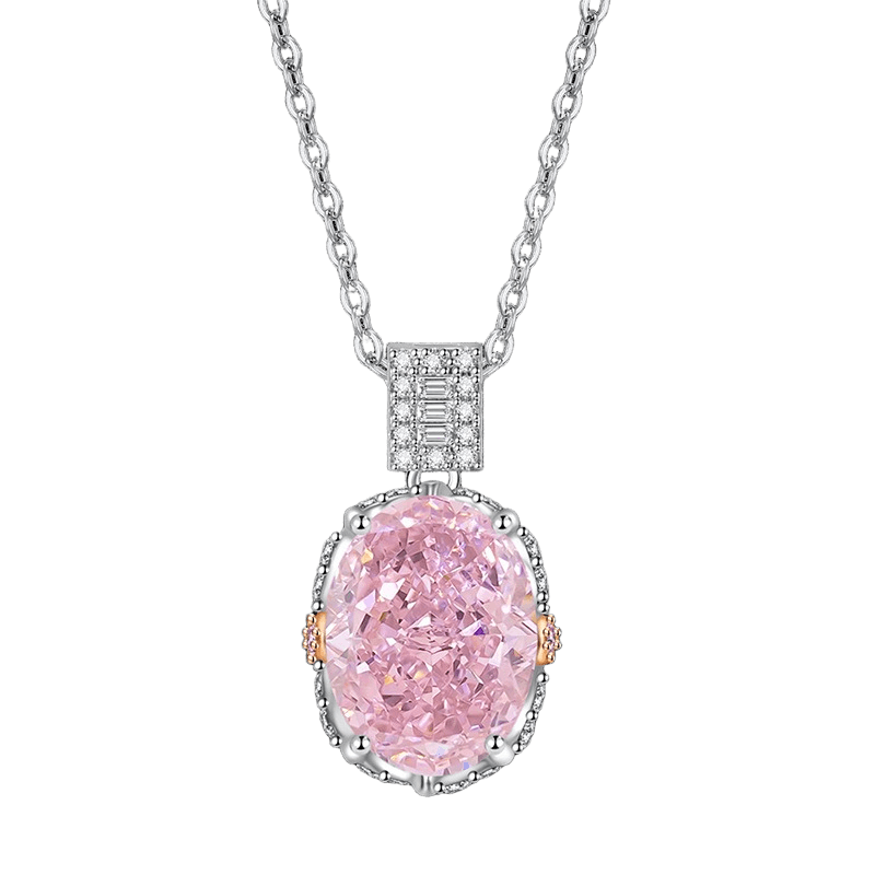 Multicolor Ice Flower Cut Oval CZ Pendant Necklace, 10*14mm 8A Cubic Zirconia, Two-Tone Pave CZ Halo with Pavé Top Frame, Adjustable Chain, Dainty Luxe