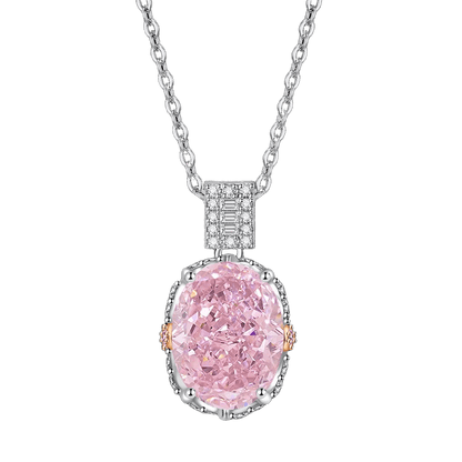 Multicolor Ice Flower Cut Oval CZ Pendant Necklace, 10*14mm 8A Cubic Zirconia, Two-Tone Pave CZ Halo with Pavé Top Frame, Adjustable Chain, Dainty Luxe