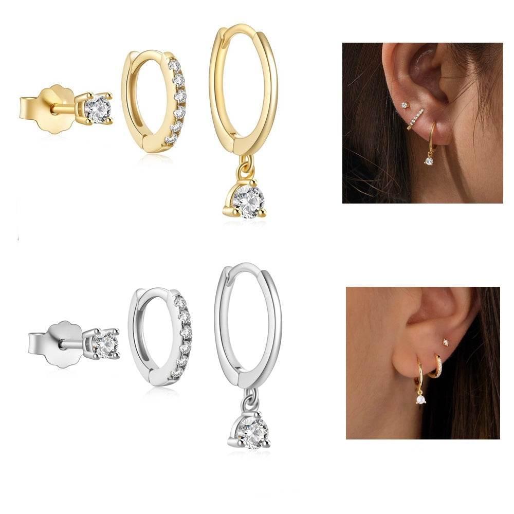3 Pieces Twinkle Charm LuxeHoop & Stud Earring Set with Zircon, 18k Gold Plated Ear Studs and Drops, Stacked Lobe Pretty Studs Cartilage Earrings