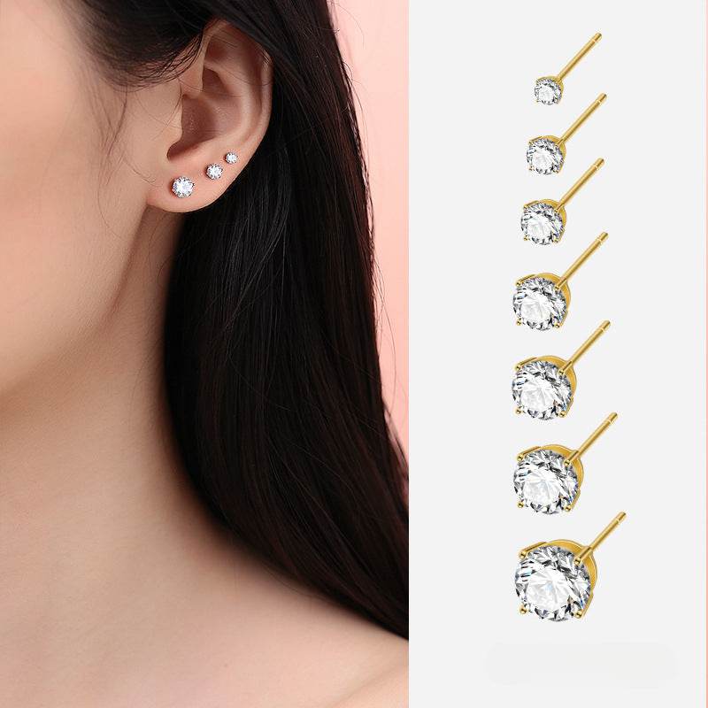 S925 Dazzling Classic 4-Prong CZ Stud Earrings, 2-8mm Round Cubic Zirconia Sterling Silver Earrings, 4 Color Options, Unisex Men Women Daily