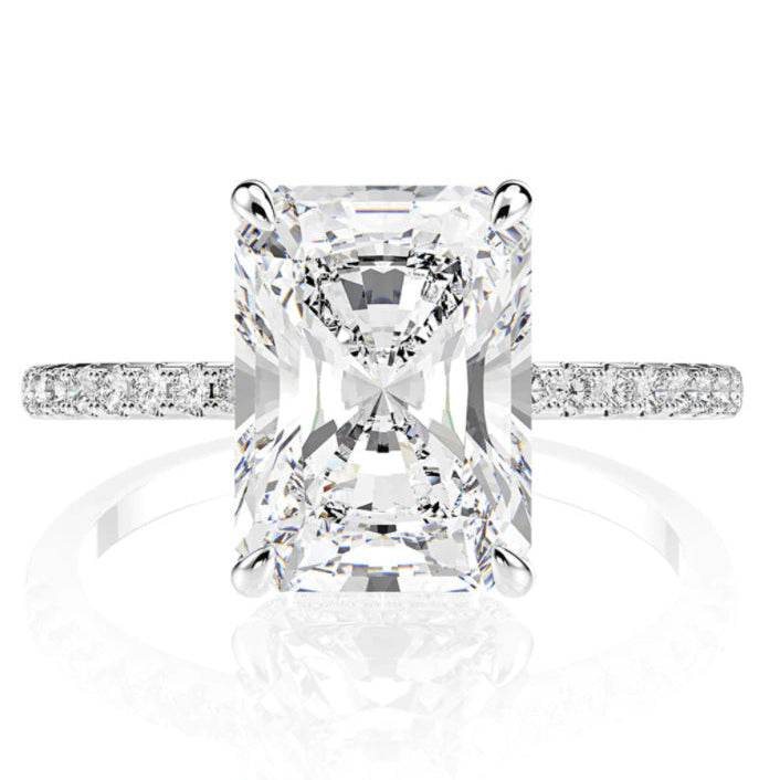 Stunning Radiant Cut CZ Ring, Cubic Zirconia with Pave Band, White Gold Plated Dainty Ring Jewelry for Part Men Women