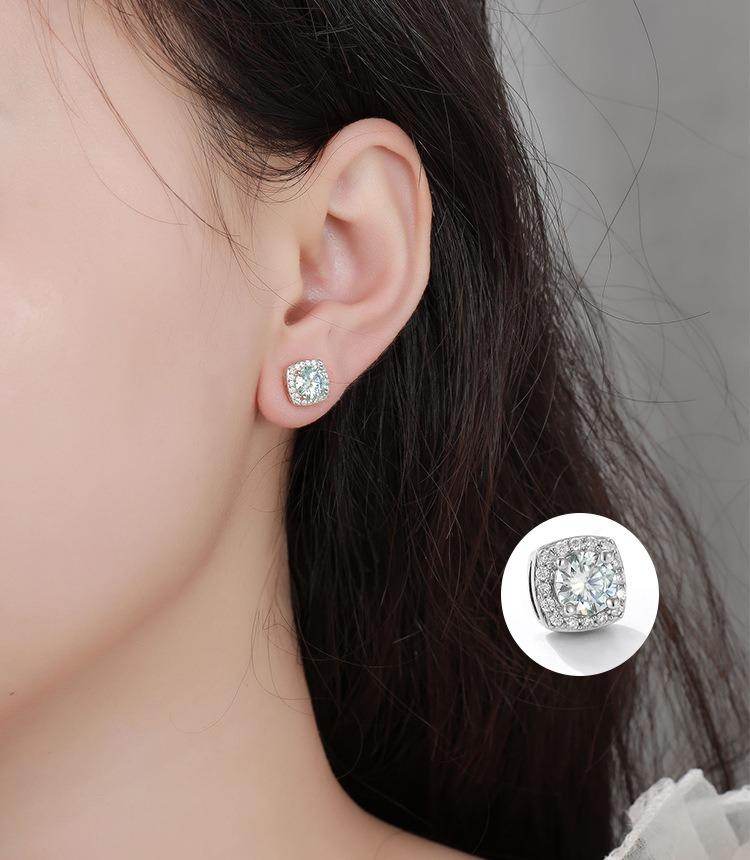S925 Magnetic Multicolor Moissanite Square Halo Stud Earrings for Men Women,  0.5/1ct Round Cut, Inlaid Magnetic Earrings Non-Piercing Clip On Stud Earring