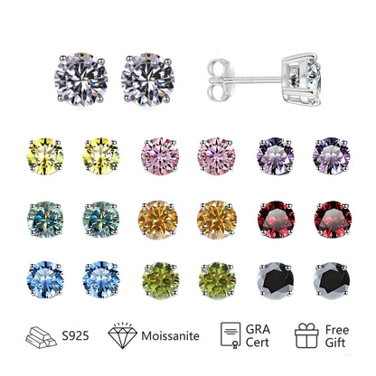 S925 Multicolor Moissanite 4-Prong Stud Earrings, 10 Color 0.5-3ct D-Grade VVS Certificate, Unisex Hypoallergenic Sterling Silver Gift