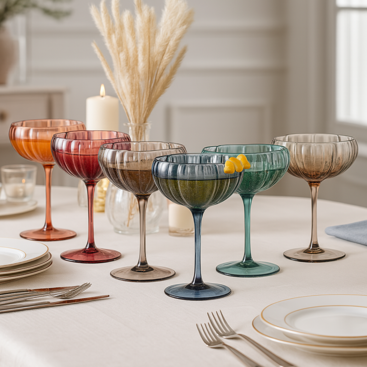 Flower Coupe Cocktail Colored Glasses | Set of 6 | Muted