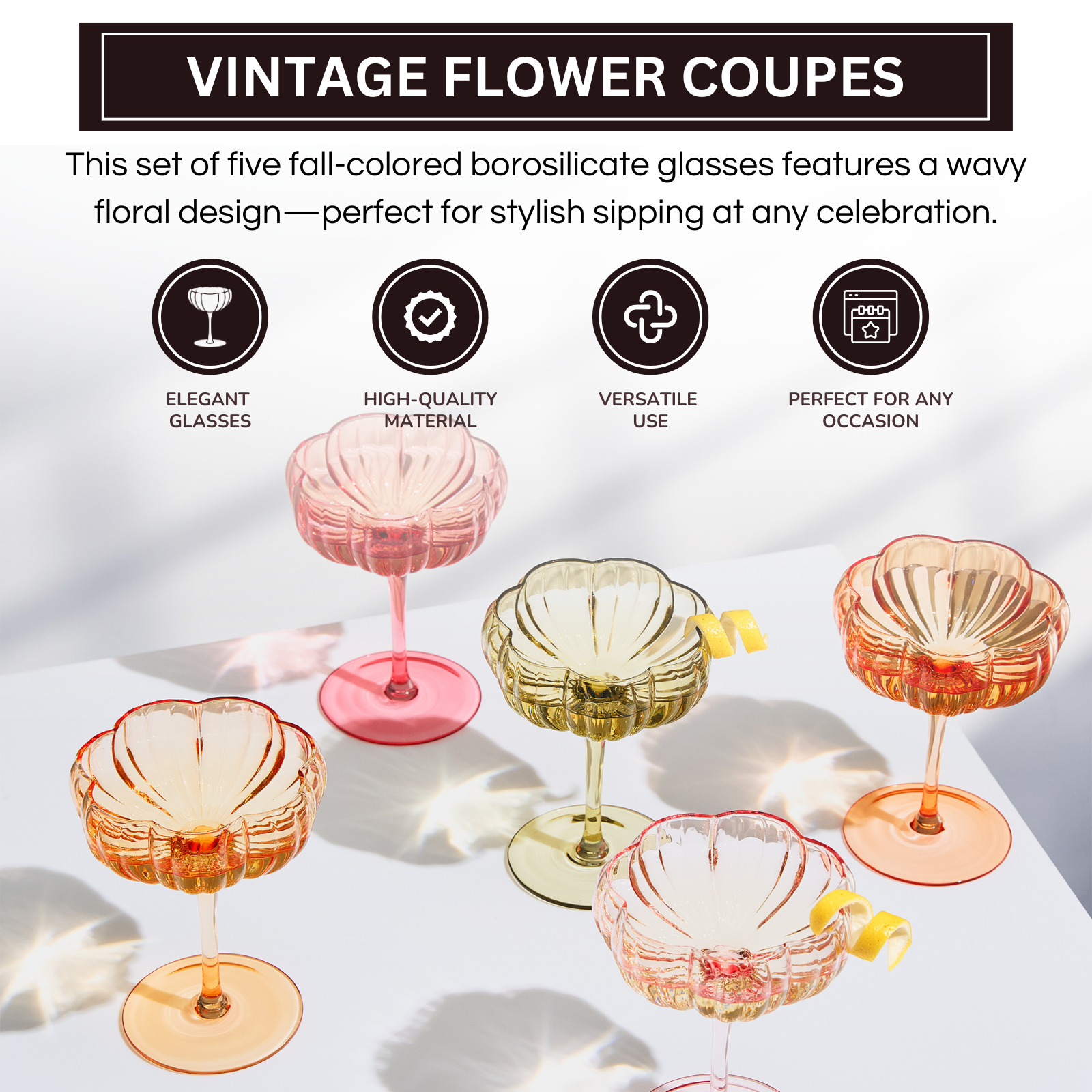 Flower Coupe Cocktail Glasses, Set of 5 - Bright Colors