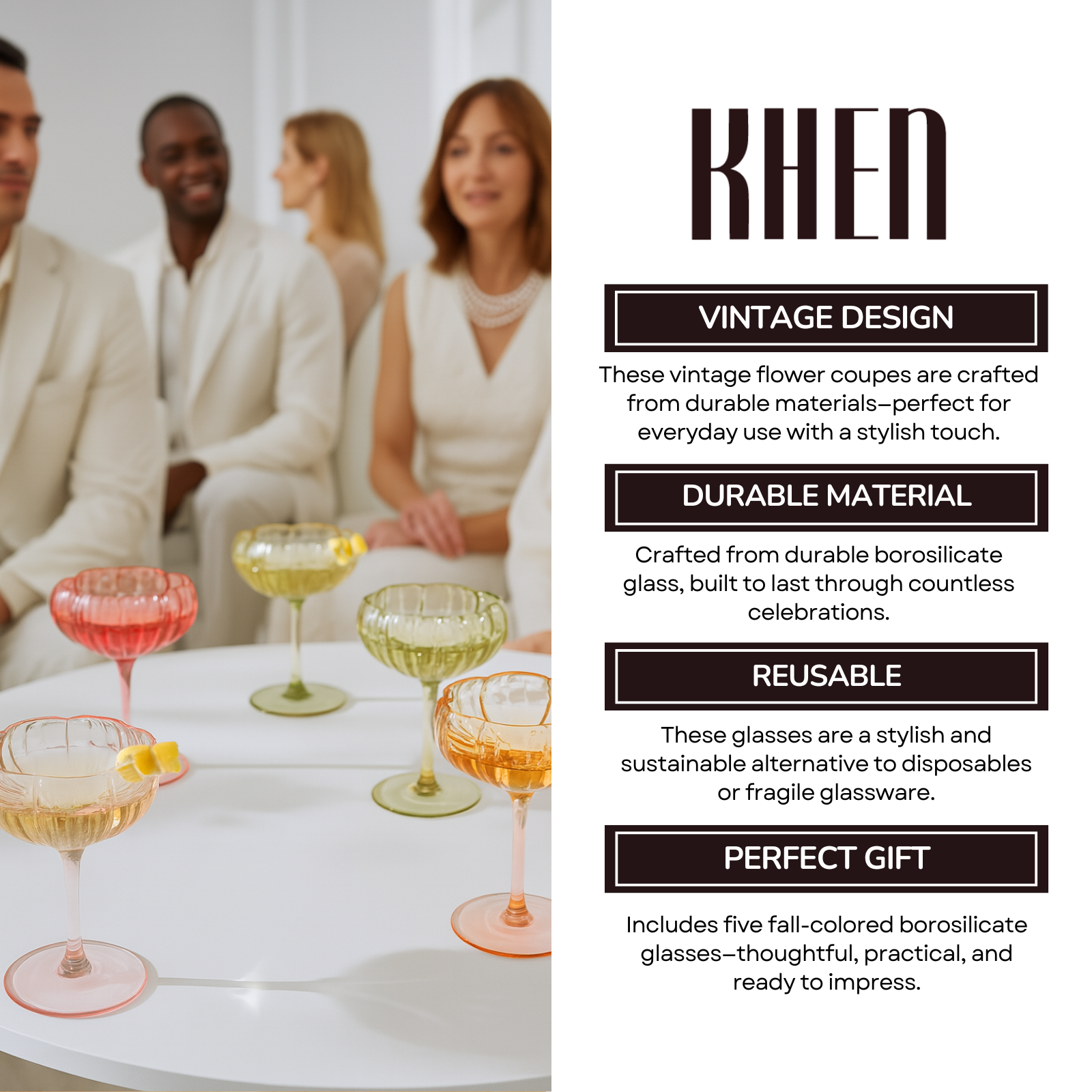 Flower Coupe Cocktail Glasses, Set of 5 - Bright Colors